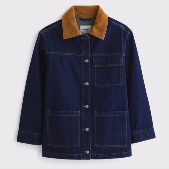 Abercrombie & Fitch Oversized Denim Utility Jacket Sz Large Blue Corduroy Collar - Picture 2 of 8